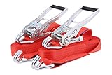 VORTEILSPACK: 2 zweiteilige Ratschengurte mit J-Haken im Set. Gurtlänge 8m / Gurtbreite 50mm Farbe: rot