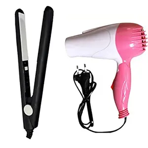 Arzet COMBO of NV-1290 Foldable hair Dryer With 2 Speed Setting 1000 WATT Stylish Hair Dryer (PINK) and Mini Hair Straightener Ceramic Plate Portable hair Straightener (MULTICOLOR, 45WATT)