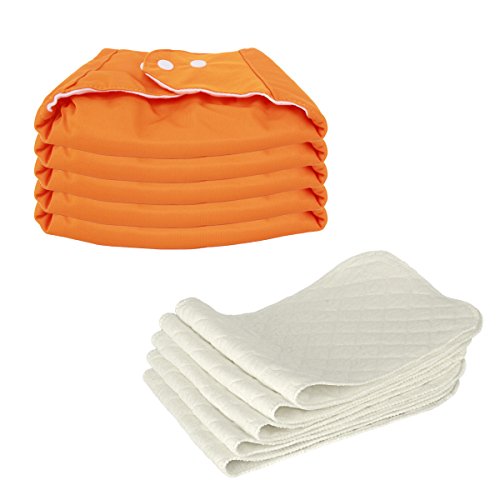 Baby 5 Pcs Diamer Inserts 5 Pcs Pocket Cloth Diapers Snaps Covers Cute Reusable Unisex Washable Baby Diaper Cover Cloth (Orange)