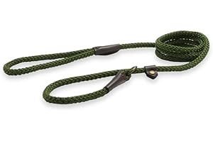 Ancol Heritage Rope Slip Lead Dog Puppy Pet Training Walking Accessory Green Nylon Hand Sewn Leather Ends Weather Proof Strong Durable Lightweight 1.5 m x 8 mm
