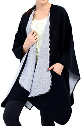 Blanket Women Poncho Scarf Shawl - Ecoinway Wool Blended Reversible Cape Cardigans Multi Women Blanket Scarf Knit Front Open Kimono Garment - Black -
