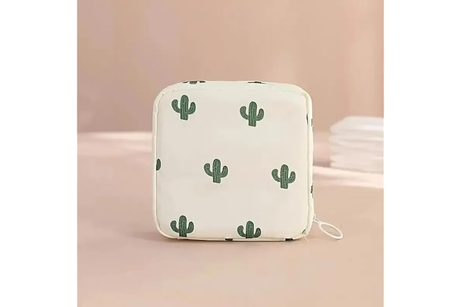 Women Sanitary Napkin Tampon Storage Bag Portable Waterproof Organizer Pouch Cartoon Pattern Sanitary Napkin Bag (Cactus)