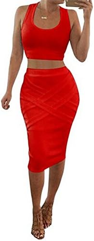 Handu Women's Patch Sleeveless Bandage Halter Strap 2 Piece Set Dress Small Red