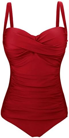 Fawnkiss Women Sexy Push Up One Piece Swimwear High Waisted Tummy Control Deep V Swimsuit, (Wine Red,X-Large/UK12-14)
