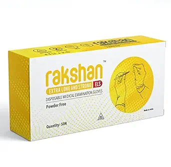 Rakshan ELS Gloves Extra Long, Strong 300mm/9.5g Natural Latex, All-Purpose, Powder-Free - Pack of 50 pieces (Small)