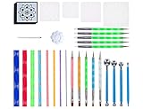 Juego de 18 herramientas Mandala de gran valor, incluye 5 herramientas de punteado con cabezal de cepillo, 5 herramientas de punteado con cabeza de goma, 8 varillas de punto. También 5 plantillas de mandala, 1 bandeja de pintura, 1 lápiz de carbón blanco, 4 estilos de bola, 5 hojas negras para la práctica. Este kit de herramientas de punteado se adapta a casi todas las rocas de mandala o pintura artística de puntos de piedra.