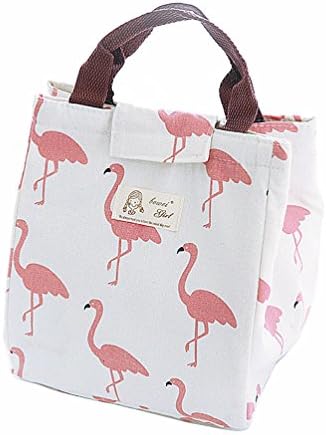 Inwagui Cute Insulated Lunch Bag Cotton Linen Picnic Carry Tote Cooler Bag Thermal Bento Bag for Women and Girls - Flamingo B