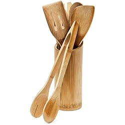 Relaxdays Ensemble d'ustensiles de Cuisine avec Support 6 Pièces en bambou 30 cm spatule fourchette cuillère pince à salade, nature