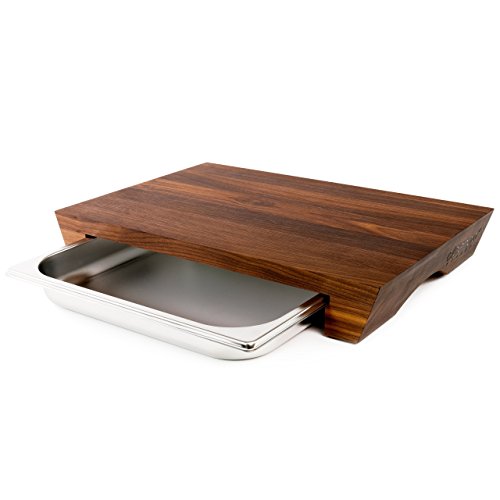 cleenbo Schneidbrett "style walnut" Profi Holz Küchenbrett aus geöltem Nussbaum mit verschiebbarer Gastronorm Edelstahl Auffangschale (GN) 1/2, Board Maße: 420 x 290 x 60 mm