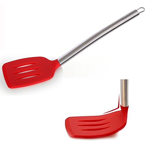 iNeibo Kitchen Pfannenwender, schlizwender – mit festem Silikoneinlage Kopf und rostfreiem Edelstahl-Handgriff der beim Kochen kühl bleibt. - 3