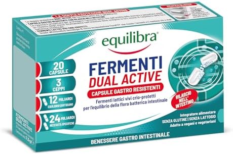 Equilibra Fermenti Lattici Probiotici Crio-protetti, 3 Ceppi, Integratore con 24 Miliardi per Dose max die, Capsule Gastro Resistenti, Flora Batterica Intestinale, Vegan, Senza Glutine, 20 Capsule