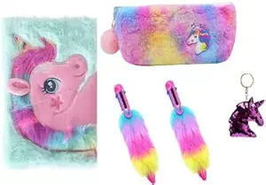 Priceless Deals Unicorn Mini Combo School Stationery Items for Kids, Fur Unicorn Diary with Fur Feather Pencil Pouch & 1 Fur Pen + Sequins Key Ring for Kids, Nice Gift Item for Kids (Pack of 4)