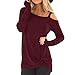 Produktbild Damen Oberteil Oversized Langarm T-Shirt Rovinci Schulterfrei Pulli Rundhals Ausschnitt Pullover Hemd Sweatshirt mit Knoten Lose Asymmetrisch Jumper Bluse Tops Einfarbig Basic Casual Tunika Blusen