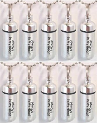Wonderful Family Set of TEN Brushed Silver CREMATION URN Necklaces - Laser Engraved with "Always In My Heart" Includes 10 Velvet Pouches, 10 Ball-Chains & Fill Kit