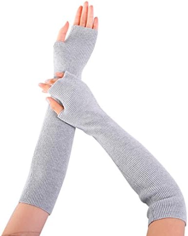 DRESS Women Arm Warmer Solid Cashmere Knitted Soft Long Fingerless Gloves Mitten (Gray)