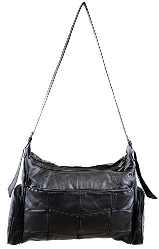 Ladies Large Leather Shoulder Bag / Hand Bag with 2 Main Compartments and Multiple Pockets - Black