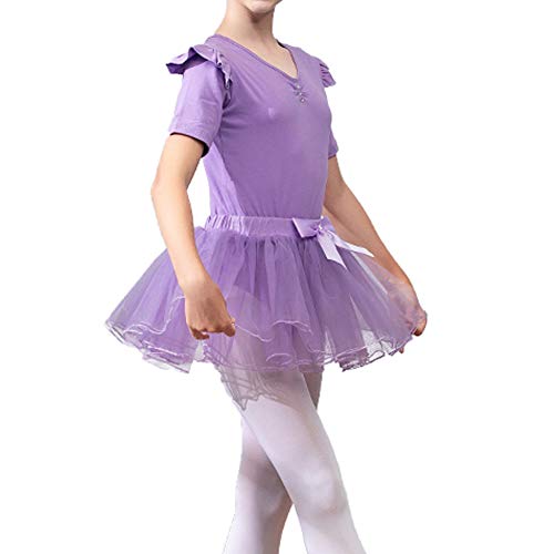 Lefuku Enfant Fille Justaucorps de Gymnastique Ballet Danse Dancewear Manches Courte avec Self-Tie Jupe en Mousseline (Violet 120cm)