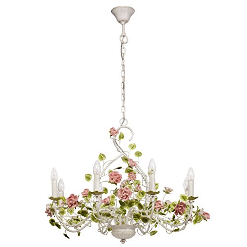 MW-Light 421013708 Lámpara de Techo, Lámpara de Araña, Estilo Clásico, Candelabro, de Metal, Color Blanco, Plafones en Forma de Velas, Para Salón, Adornado Con Flores Cerámicas, Comedor O Dormitorio, Bombillas en el Pedido, 8X40W E14 230 V