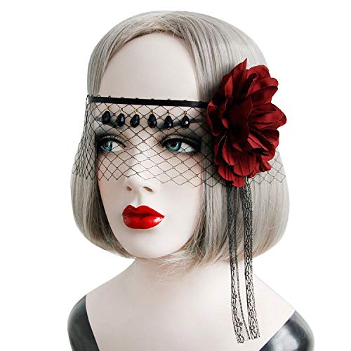 LONTG Women Fascinator Veil Headband Masquerade Mask Black Half Face Mask Flower Lace Eye Mask Gothic Headband Halloween Christmas Costume Party Mask Cosplay Headwear for Dancing Party