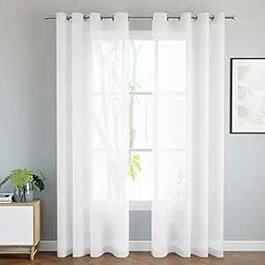 Encasa Homes - Cotton Linen Sheer Curtains for Door - Linen Textured Plain Slub Curtains - Pack of 2 - 142x213 cm (7 ft) - White