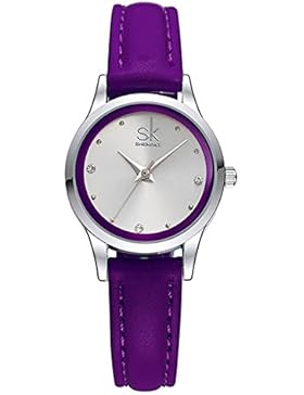 SHENGKE K0008L Damen-Edelstahl-Quarz-Uhr mit Strasssteine mehrfarbrigem Lederarmband und Dornschließe