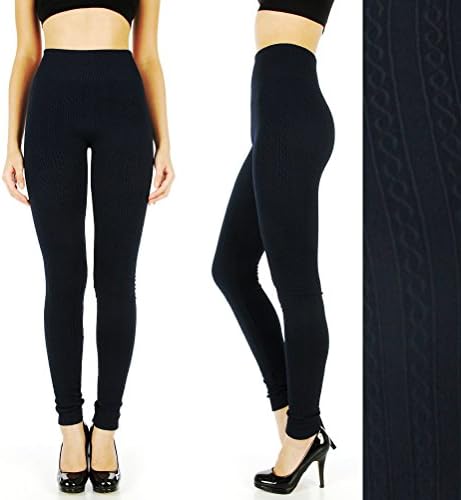 LADIES CHUNKY CABLE KNITTED FULL LENGTH THICK LEGGINGS WOMEN STRETCHY PANTS, 2pk Cable Black, Large