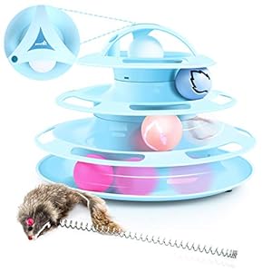 Pecute Juguete para Gatos con Diseño de Torre con 4 Pelotas de 4 Niveles,con Catnip Bola y Palo Divertido de Forma Ratón,Antideslizante y Facil de Desmontar (Blanco y Negro)