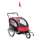 HOMCOM 2 in 1 Collapsible 2-Seater Kids Jogger Stroller and Bike Trailer with Pivot Wheel (Black and Red)