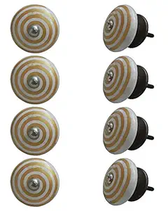 Indian-Shelf 8 Piece Handmade Golden Flat Stripe Knobs For Kids Room Ceramic 3.81 cm