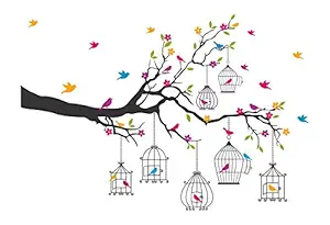 Decals Design Branches with Flowers and Birds Cages Wall Sticker (PVC Vinyl, 50 cm x 70 cm),Multicolour