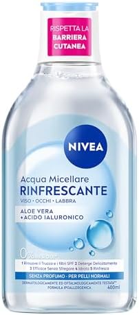 NIVEA Acqua Micellare Rinfrescante 400 ml, Struccante viso e occhi e labbra per make-up e SPF, Detergente viso con Aloe Vera e Acido Ialuronico, Senza profumo, Ipoallergenica, Pelle normale