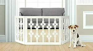 Freestanding Pet Gate for Dogs - Wooden Folding Decorative Fence for Doorways, Halls, Stairs Barrier- Step Over Divider (White Floral)