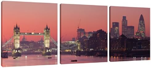 Tower Bridge London City Sunset Canvas Print - 3 Panel Split Panorama stretched and mounted around three 20 inch (51cm) square wooden frames by Pixel Zone