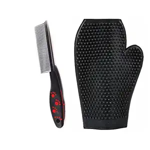 Pet Needs Pet Comb Stainless Steel Pin Dog Grooming Brush with Bathing Glove -Black Red