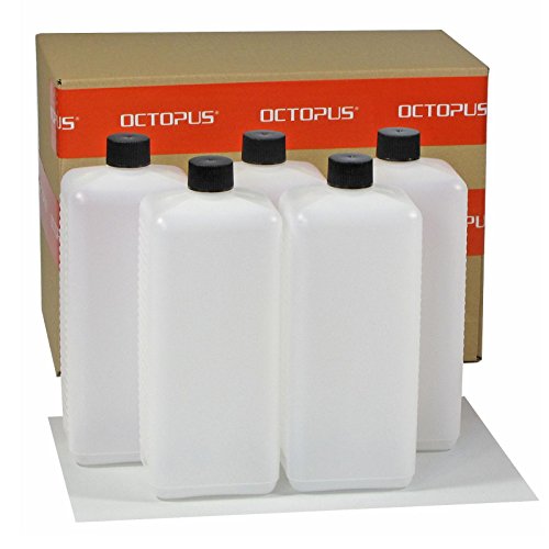 5 x 1000 ml Octopus Kunststoffflaschen, HDPE Plastikflaschen mit schwarzen Schraubverschlüssen, Leerflaschen mit schwarzen Schraubdeckeln, Vierkantflaschen inkl. 5 Beschriftungsetiketten