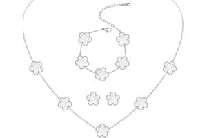 JYIXXZX Four-Leaf Clover Jewellery Set for Women Silver Stainless Steel Double-sided Four-Leaf Clover Pendant Necklace Stud Earrings Bracelet Adjustable Lucky Clover Jewelry Set Gift for Birthday