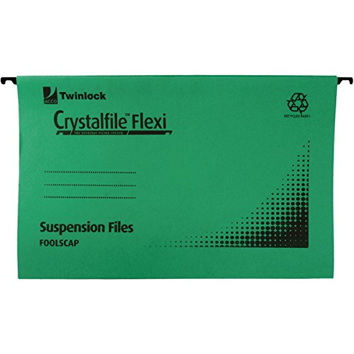 RexelFoolscap Suspension Files with Tabs and Inserts for Filing Cabinets, 15 mm V-base, Manilla, Green, Crystalfile Flexifile, Pack of 50, 3000040
