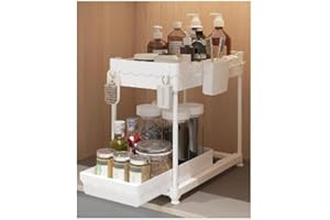 Dazhqp Unter Waschbecken Regal, 2 Etagen Gleiten Unterwaschbeckenschrank Organizer, Spülenunterschrank Organizer und Putzmittel Organizer, Küchen Organizer, Küchenschrank Organizer mit1 Tasse 6 Haken
