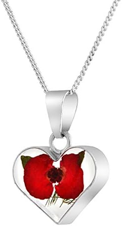Byzantium Collection Handmade Silver Heart Poppy Necklace Made with Real Flowers - Pendant Comes with 18" Sterling…
