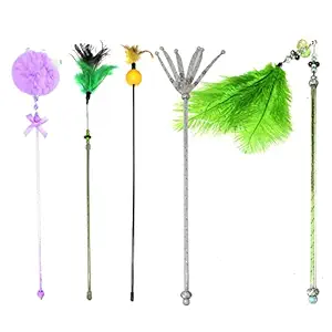 Emily Pets 5 pcs Cat Stick Toy Combo Pack Set Durable Interactive Cat Toys Detachable Cat Wand Toy for Indoor Cats Feather Toys with Bell Ball Kitten Toy with Fishing Pole Replaceable Wond(Pack of 5)