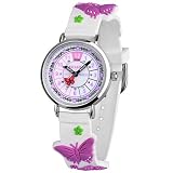 KZKR Mädchenuhr Kinderuhr Mädchen Armbanduhr Schmetterling Lila Kinder Lernuhr zum Uhrzeit Lernen einfach-Lesen