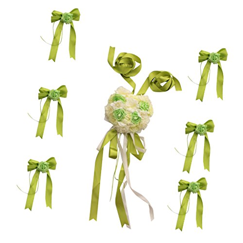 MagiDeal Hochzeit Auto Dekoration Kits 5 Meter Bänder & 6 Große Antennenschleifen - Grün, 25 cm