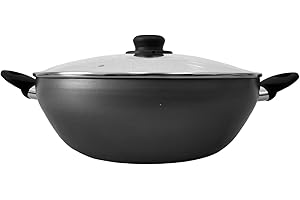 Home Theory Wok anti-adhésif en aluminium de 32 cm avec couvercle – Grand wok anti-adhésif pour cuisine asiatique et indienne, double poignée, poêle profonde non toxique avec couvercle – Fabriqué au