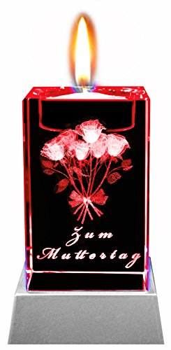 Kaltner Präsente Stimmungslicht – Das perfekte Muttertagsgeschenk: LED Kerze / Kristall Glasblock / 3D-Laser-Gravur Teelichthalter Blumen Zum Muttertag - 3