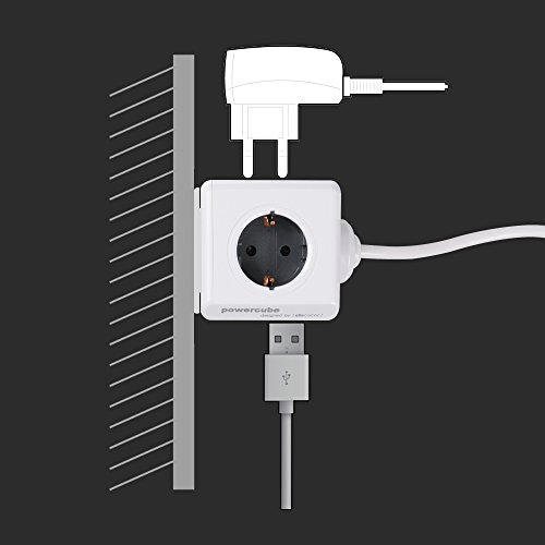 Allocacoc PowerCube 2xUSB Port 5V/2.1A mit 4 Verteiler 1.5M Verlängerungskabel Power Strip Steckdose 230V Schuko, Grau - 5