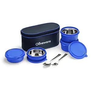 SOPL-OLIVEWARE Valley Lunch Box , Stainless Steel , 4 Containers with Spoon & Fork , with Insulated Fabric Bag , Leak Proof , School & Office Use (Blue)