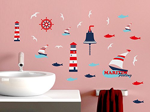 Wandsticker Sticker DIN A4 Set für Badezimmer Maritim Leutturm Möwen Segelboote (DIN A4 (2Stück)) - 2