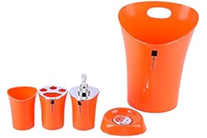 London Boutique Bathroom Accessories 5 piece Set Colour Matching Bin Soap Dish Soap Dispenser Toothbrush Holder Tumbler (Orange)