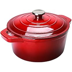 Puricon Cocotte Fonte Ronde, Cocotte Polyvalente en Fonte Emaillée Casserole, Conserver Les Valeurs Nutritionnelles et Les Saveurs, Cuisson Plus Sûre et Plus Facile, 5.2 L pour 6-7 Personnes-Rouge