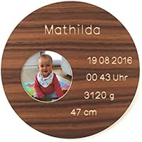 Geburtsteller mit Gravur und Foto aus Holz Taufteller mit Namen Datum Baby Bild Taufgeschenk zur Geburt Taufe personalisiert individuell Taufpate: Nussbaum